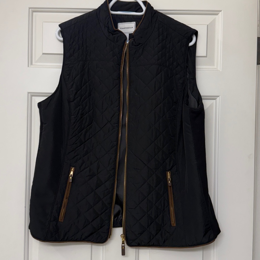 Charter Club Black Quilted Vest with Brown Trim